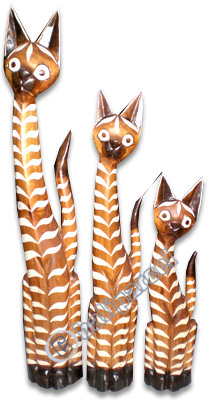 Wooden Cat Set Of 3 With Painted, Hand Carved From Albesia Wood