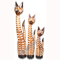 Wooden Cat Set Of 3 With Painted, Hand Carved From Albesia Wood