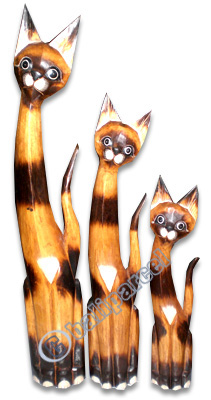 Wooden Cat Set Of 3 With Painted, Hand Carved From Albesia Wood