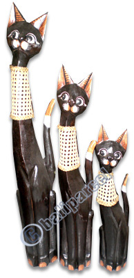 Wooden Cat Set Of 3 With Painted, Hand Carved From Albesia Wood