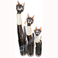 Wooden Cat Set Of 3 With Painted, Hand Carved From Albesia Wood