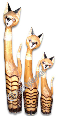 Wooden Cat Set Of 3 With Painted, Hand Carved From Albesia Wood
