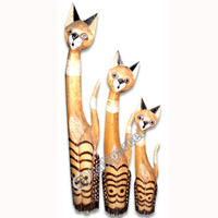 Wooden Cat Set Of 3 With Painted, Hand Carved From Albesia Wood