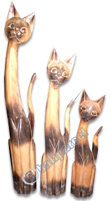 Wooden Cat Set Of 3 With Painted, Hand Carved From Albesia Wood