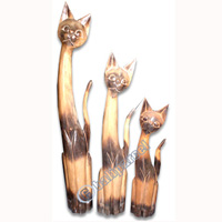 Wooden Cat Set Of 3 With Painted, Hand Carved From Albesia Wood