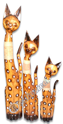 Wooden Cat Set Of 3 With Painted, Hand Carved From Albesia Wood