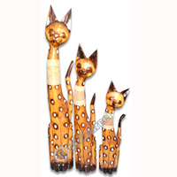 Wooden Cat Set Of 3 With Painted, Hand Carved From Albesia Wood