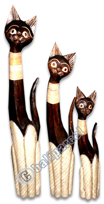 Wooden Cat Set Of 3 With Painted, Hand Carved From Albesia Wood