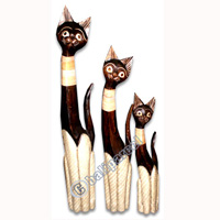Wooden Cat Set Of 3 With Painted, Hand Carved From Albesia Wood