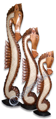 Sea Horse Set Of 3, Handcarved From Albesia Wood