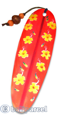 Wooden Surfboard Bookmark, Hibiscus Design With Airbrushed. Handcarved From Sono Wood.