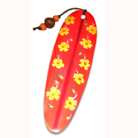 Wooden Surfboard Bookmark, Hibiscus Design With Airbrushed. Handcarved From Sono Wood.