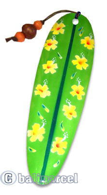 Wooden Surfboard Bookmark, Hibiscus Design With Airbrushed. Handcarved From Sono Wood.