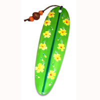 Wooden Surfboard Bookmark, Hibiscus Design With Airbrushed. Handcarved From Sono Wood.