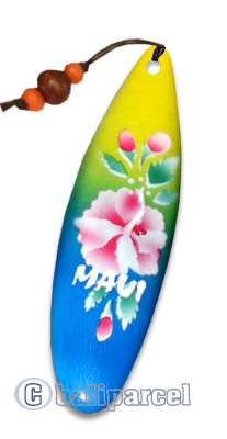 Wooden Surfboard Bookmark, Hibiscus Design And Maui With Airbrushed. Handcarved From Sono Wood.