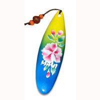 Wooden Surfboard Bookmark, Hibiscus Design And Maui With Airbrushed. Handcarved From Sono Wood.