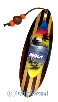 Wooden Surfboard Bookmark, Turtle Design And Maui With Airbrushed. Handcarved From Sono Wood.