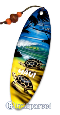Wooden Surfboard Bookmark, Turtle Design And Maui With Airbrushed. Handcarved From Sono Wood.