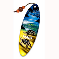 Wooden Surfboard Bookmark, Turtle Design And Maui With Airbrushed. Handcarved From Sono Wood.