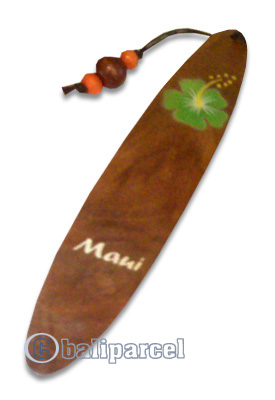 Wooden Surfboard Bookmark, Hibiscus Design And Maui With Airbrushed. Handcarved From Sono Wood.