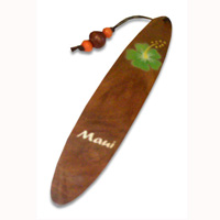 Wooden Surfboard Bookmark, Hibiscus Design And Maui With Airbrushed. Handcarved From Sono Wood.