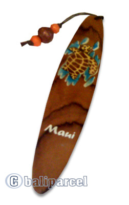 Wooden Surfboard Bookmark, Turtle Design And Maui With Airbrushed. Handcarved From Sono Wood.