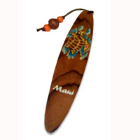 Wooden Surfboard Bookmark, Turtle Design And Maui With Airbrushed. Handcarved From Sono Wood.