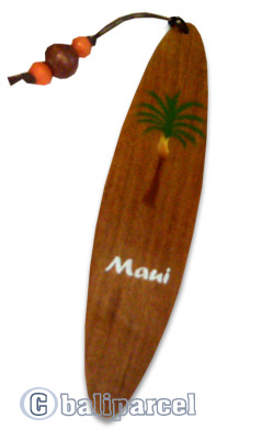 Wooden Surfboard Bookmark, Coconut Tree Design And Maui With Airbrushed. Handcarved From Sono Wood.