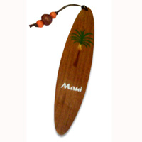 Wooden Surfboard Bookmark, Coconut Tree Design And Maui With Airbrushed. Handcarved From Sono Wood.