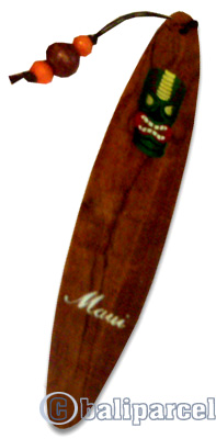 Wooden Surfboard Bookmark, Tiki Design And Maui With Airbrushed. Handcarved From Sono Wood.