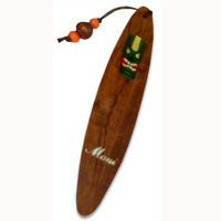 Wooden Surfboard Bookmark, Tiki Design And Maui With Airbrushed. Handcarved From Sono Wood.