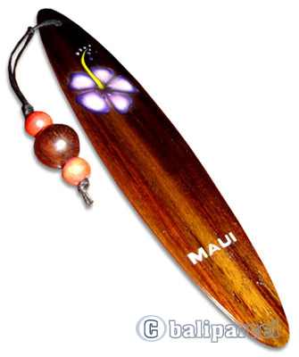 Wooden Surfboard Bookmark, Hibiscus Design And Maui With Airbrushed. Handcarved From Sono Wood.
