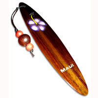 Wooden Surfboard Bookmark, Hibiscus Design And Maui With Airbrushed. Handcarved From Sono Wood.