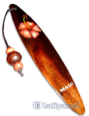 Wooden Surfboard Bookmark, Hibiscus Design And Maui With Airbrushed. Handcarved From Sono Wood.