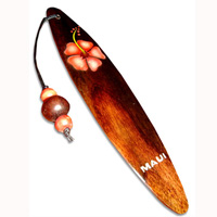 Wooden Surfboard Bookmark, Hibiscus Design And Maui With Airbrushed. Handcarved From Sono Wood.