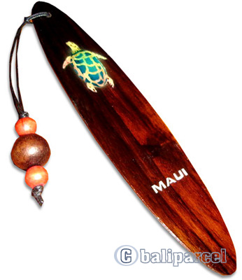 Wooden Surfboard Bookmark, Turtle Design And Maui With Airbrushed. Handcarved From Sono Wood.
