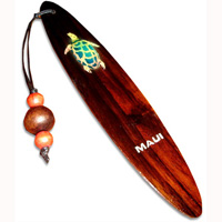 Wooden Surfboard Bookmark, Turtle Design And Maui With Airbrushed. Handcarved From Sono Wood.