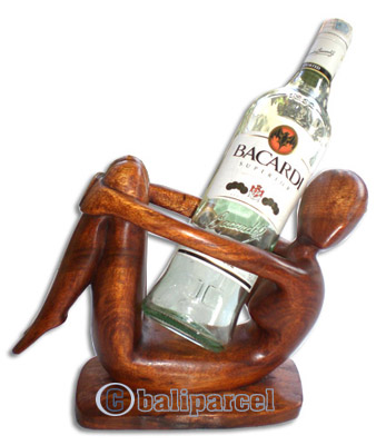 Abstract Wine Bottle Holder, Hand Carved From Suar Wood  