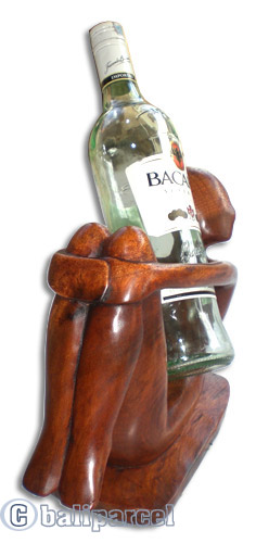 Abstract Wine Bottle Holder, Hand Carved From Suar Wood  