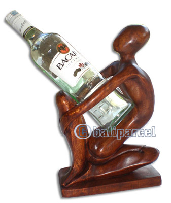 Abstract Wine Bottle Holder, Hand Carved From Suar Wood  