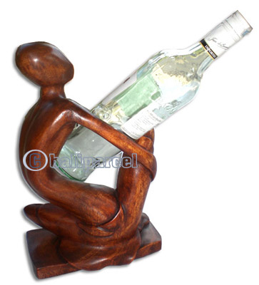 Abstract Wine Bottle Holder, Hand Carved From Suar Wood  