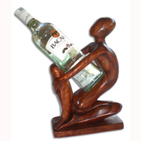 Abstract Wine Bottle Holder, Hand Carved From Suar Wood  