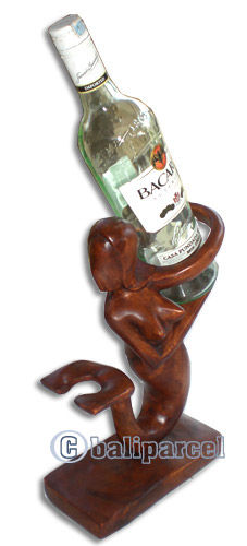 Abstract Wine Bottle Holder, Hand Carved From Suar Wood  