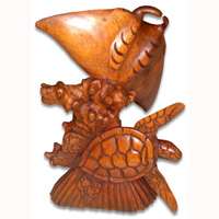 Wooden Manta Ray With Turtle, Handcarved From Suar Wood