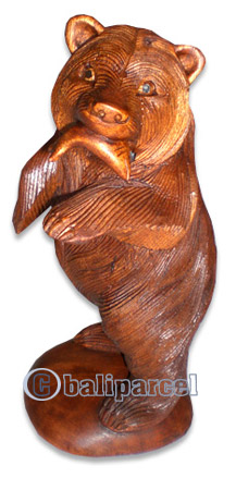 Wooden Bear With Fish, Hand Carved From Suar Wood