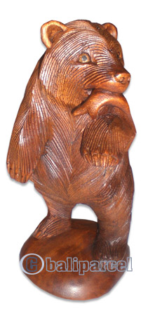 Wooden Bear With Fish, Hand Carved From Suar Wood