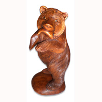 Wooden Bear With Fish, Hand Carved From Suar Wood