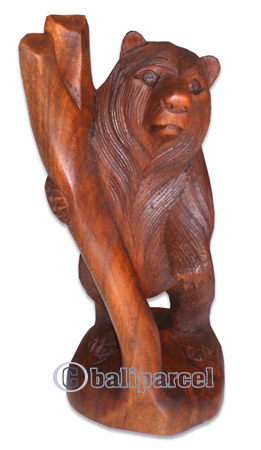 Wooden Bear On Tree, Hand Carved From Suar Wood