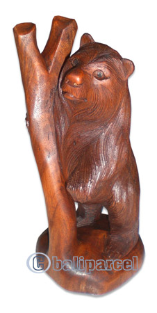 Wooden Bear On Tree, Hand Carved From Suar Wood