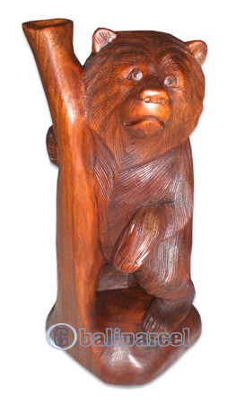 Wooden Bear On Tree, Hand Carved From Suar Wood